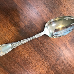May include: A silver serving spoon with an ornate handle and a detailed grape cluster design. The spoon is set against a dark wooden surface, reflecting light. This vintage utensil is likely for serving food.