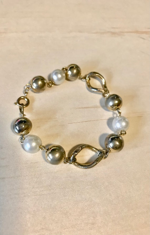 Pearl Bead Link Bracelet Shiny Gold Ball Beads, Cu