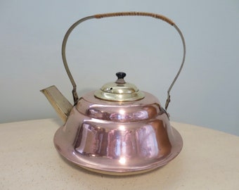 Copper Teakettle: Brass Handle, Reed Grip, Mid-Century Modern Vintage 1970s