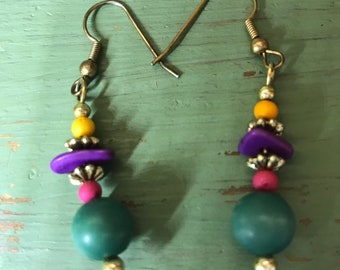 Teal Blue Purple Dangle Earrings Purple Green Yellow Pink + Gold Beads Pierced Wire Hook Earrings Vintage 1990s Colorful Earrings