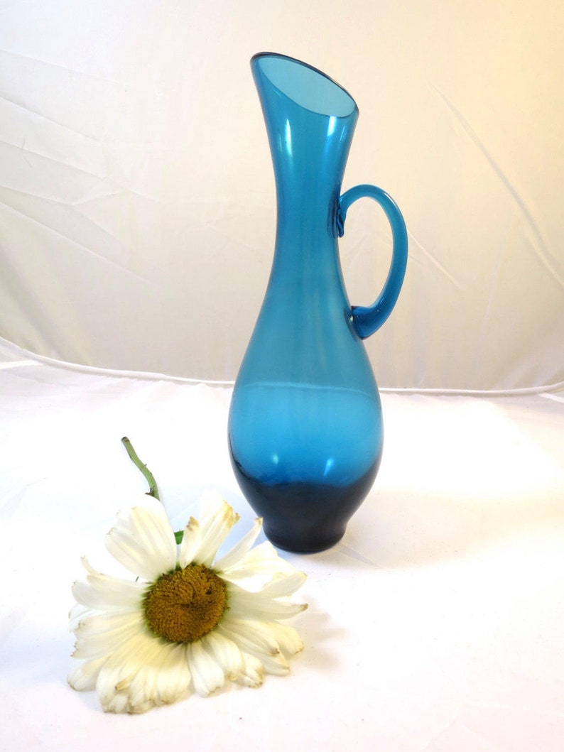 Azure Blue Glass Vase Hand Blown Mid Century Vintage Modern Glass Handled Pitcher Vase Angled Top Bulb Bottom 8 inches il 794xN t5u5