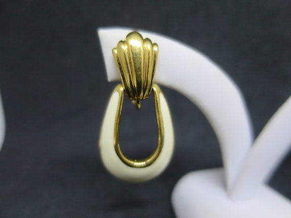 Napier Door Knocker Earrings Gold Cream Oval Hoop… - image 2