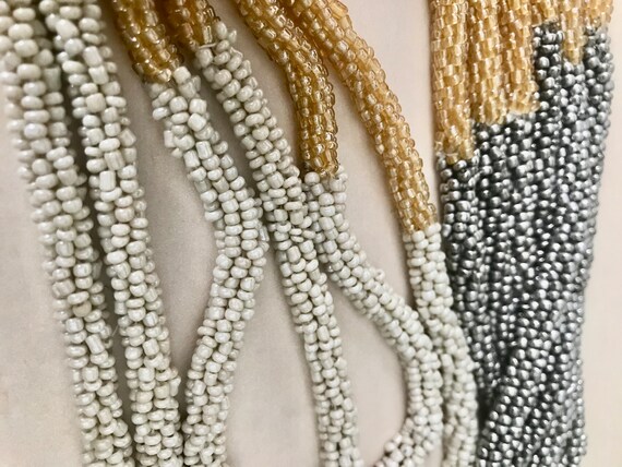 Seed Bead Necklace Gold, Silver, Beige, Triple St… - image 4