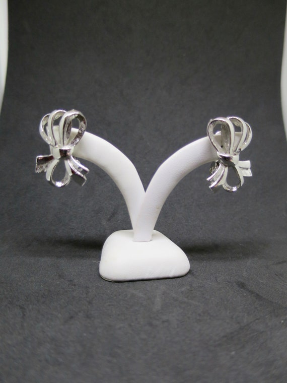 Monet Silver Bow Earrings Triple Tied Bows Vertic… - image 2