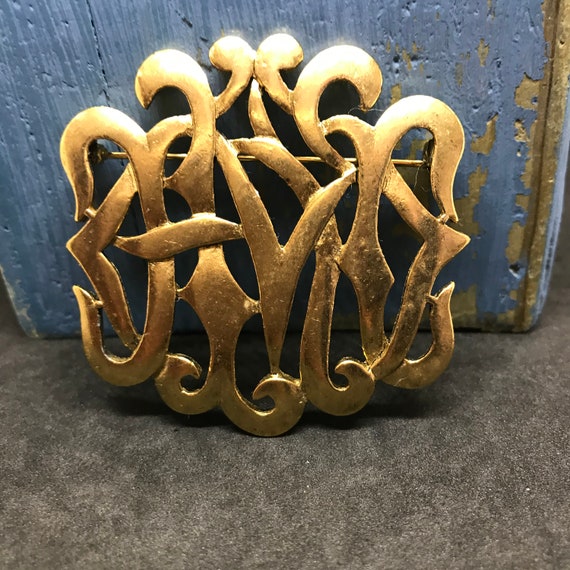 M. Jent Gold Monogram Style Brooch Intertwined Ri… - image 7