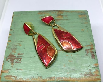 Red Enamel Gold Dangle Earrings Triangular Shaped Pierced Posts Drops Vintage 1980's Big Bold Fashion Earrings 2 inches
