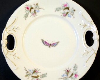 Victorian Cake Plate Antique Porcelain Handled Platter Pink Floral w/ Butterfly Gilt Trim Hand Painted 1880's Bavaria Fine China Plate