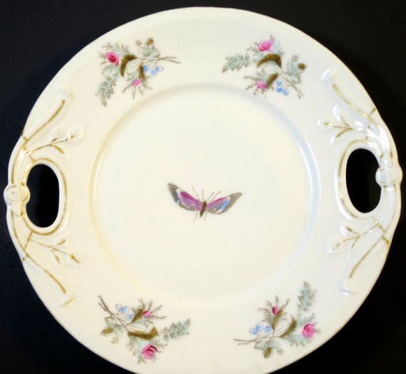 Victorian Butterfly Cake Plate Antique Bavaria Porcelain Handled Platter Pink Floral w/ Gilt Trim Hand Painted 1880's