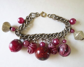 1950's Red Charm Bracelet Red Lucite Charms Vintage MCM Chunky Cha Cha Bracelet Gold Link Chain Raspberry Bead Dangles 8 inches