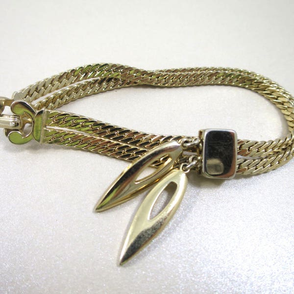 Monet Charm Bracelet Double Herringbone Chain Links w/ Double Elongated Oval Charms Vintage 1950's Modern Fashion Jewelry 8 inches