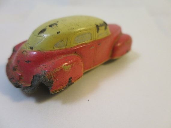 Sun Rubber Toy Car 1930 S Limo Sedan Suicide Doors Red Yellow 2 Tone Body Original Paint 4 X 1 3 4 Inches Old Vintage Toy Car Collectible