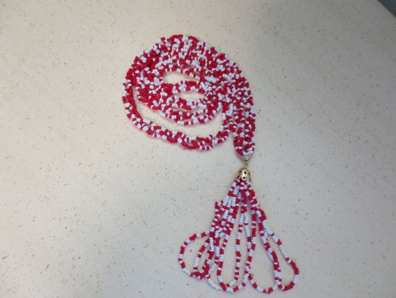 Red White Bead Necklace 3 Strand Braid Seed Beads w/ … - Gem