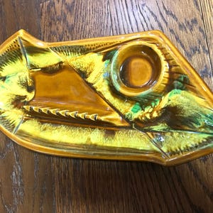 Calif. MCM Pottery Ashtray Caramel Yellow Green Drip Glaze Huge Tray, Cigarette Rests + Lighter Rest Vintage 1950s-60s Home Decor 15"x7"