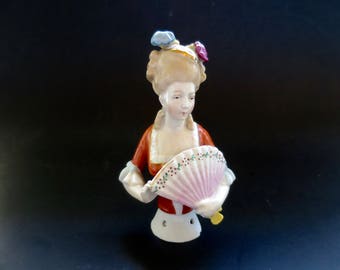 Sitzendorf Pincushion Half Doll, Signed Fine Porcelain French Court Lady w/ Fan Feather Hair Plumes 5&quot; Antique Pincushion Doll ca. 1915