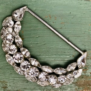 Art Deco Rhinestone Dress Buckle, Accent Vintage 1920s-30s Bar w/ Crescent Shape 3 Rows Rhinestones  2 3/4&quot; Silver Tone Finish