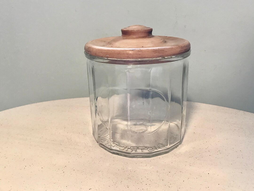 Antique Glass Cigar Jar Humidor Molded Paneled Glass Wood Lid W/ Knob