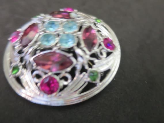 Round Domed Gem Brooch Glass Amethyst Emeralds Sa… - image 2