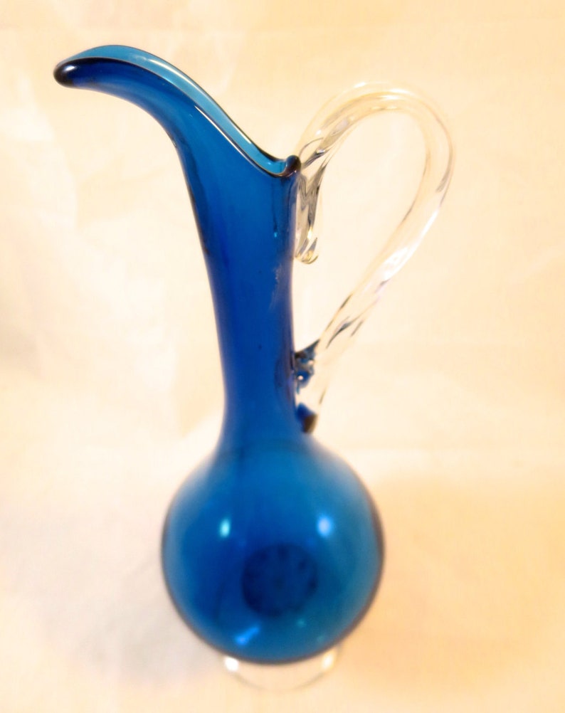 Vintage Blue Art Glass Pitcher Vase Hand Blown Italian Glass Etsy