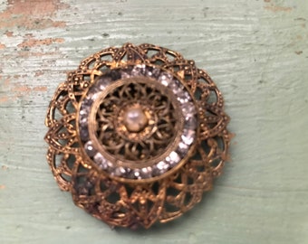 Filigree Brass Buckle w/ Clear Glass Rhinestone Channel Vintage 1920-30's Dress Accessory