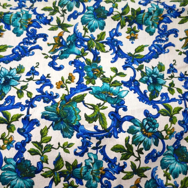 Green Blue Barkcloth Fabric Remnant  2+ yds Upholstery Drapery Fabric 1970's 5th Ave Designs All Over Floral Print Mid Century Fashion Decor