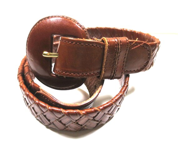 Braided Mahogany Leather Belt, Round Buckle (39 inch)
