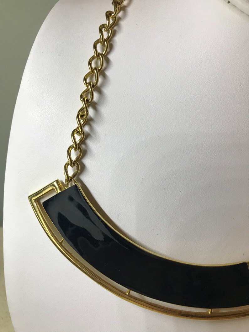 Monet Choker Necklace Black Enamel Curved Bar Panel w/ Openwork Gold Frame Pendant Vintage 1980's Fashion Gold Curb Chain Necklace 18 inches image 6