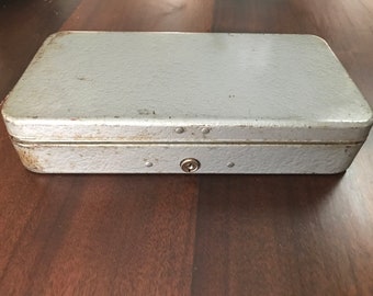 Silver Metal Tool Box Primitive Industrial Old Painted Metal Box w/ Lock 11.5 x 6 x 2 inches Vintage 1940's
