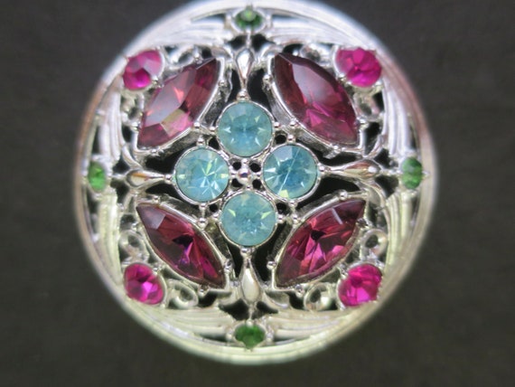 Round Domed Gem Brooch Glass Amethyst Emeralds Sa… - image 3