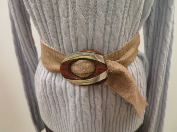 Taupe Brown Silk Cinch Belt Oval Silver Stripe Wo… - image 6