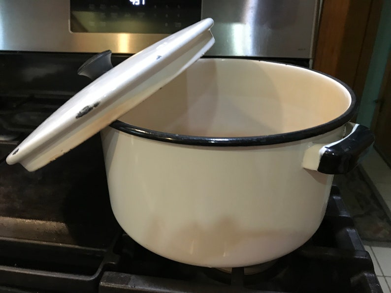 White Enamel Stock Pot 6 Qt. Black Trim Handles Matching Lid Etsy