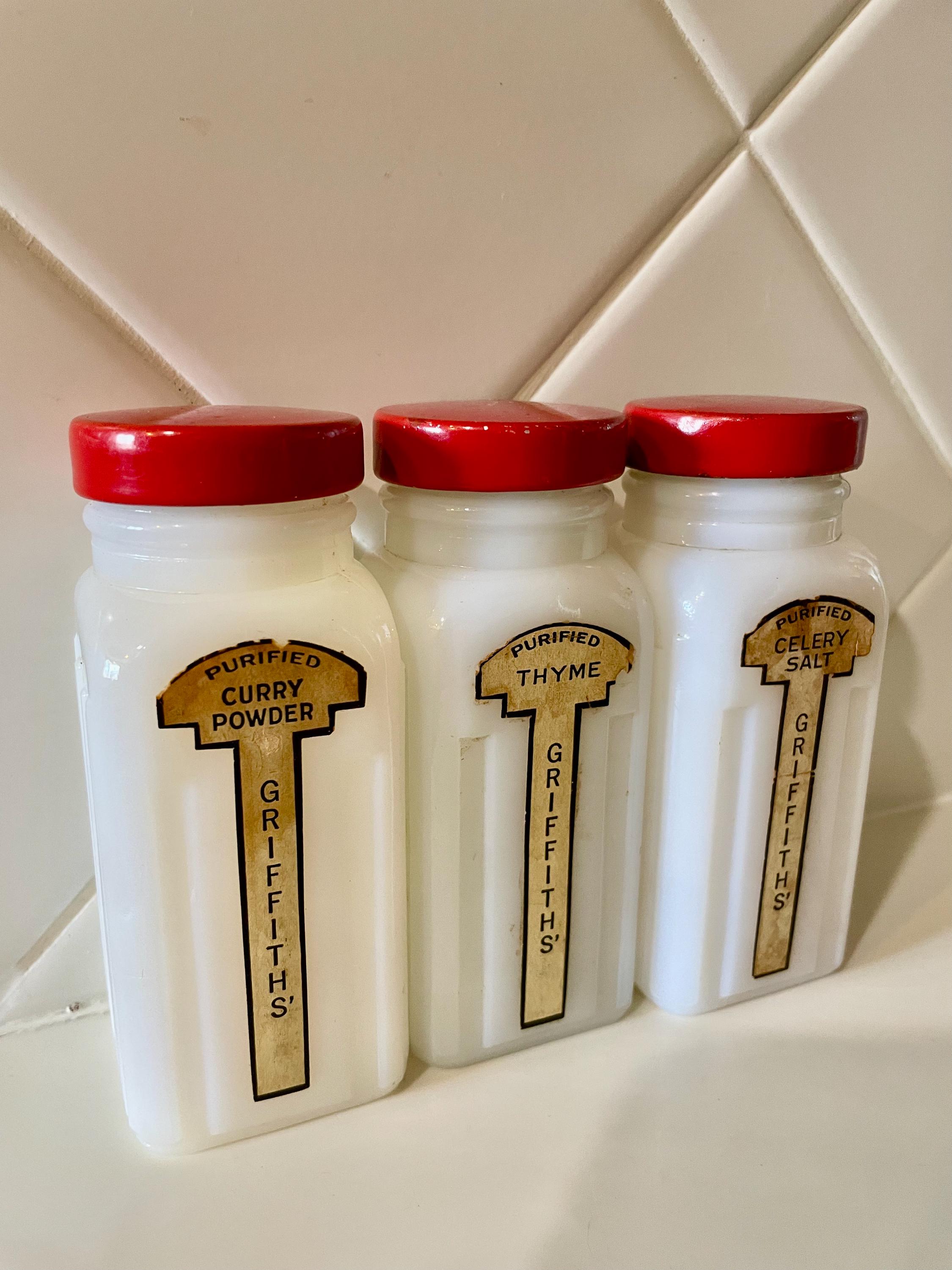 3 Milk Glass Spice Jars Griffith Labels Intact Vintage 1940s-50s