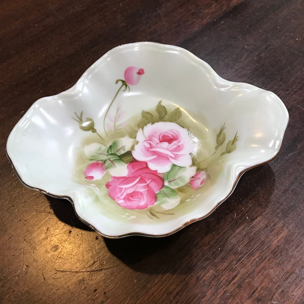 Lefton China Roses Dish Hand Painted Roses on Pale Green Home Decor Small Serving Snack Cookie Candy Dish 5.5x7 inches