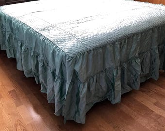 Vintage Aqua Blue Ruffled Bedspread, Full Size Quilted Satin, 1960s