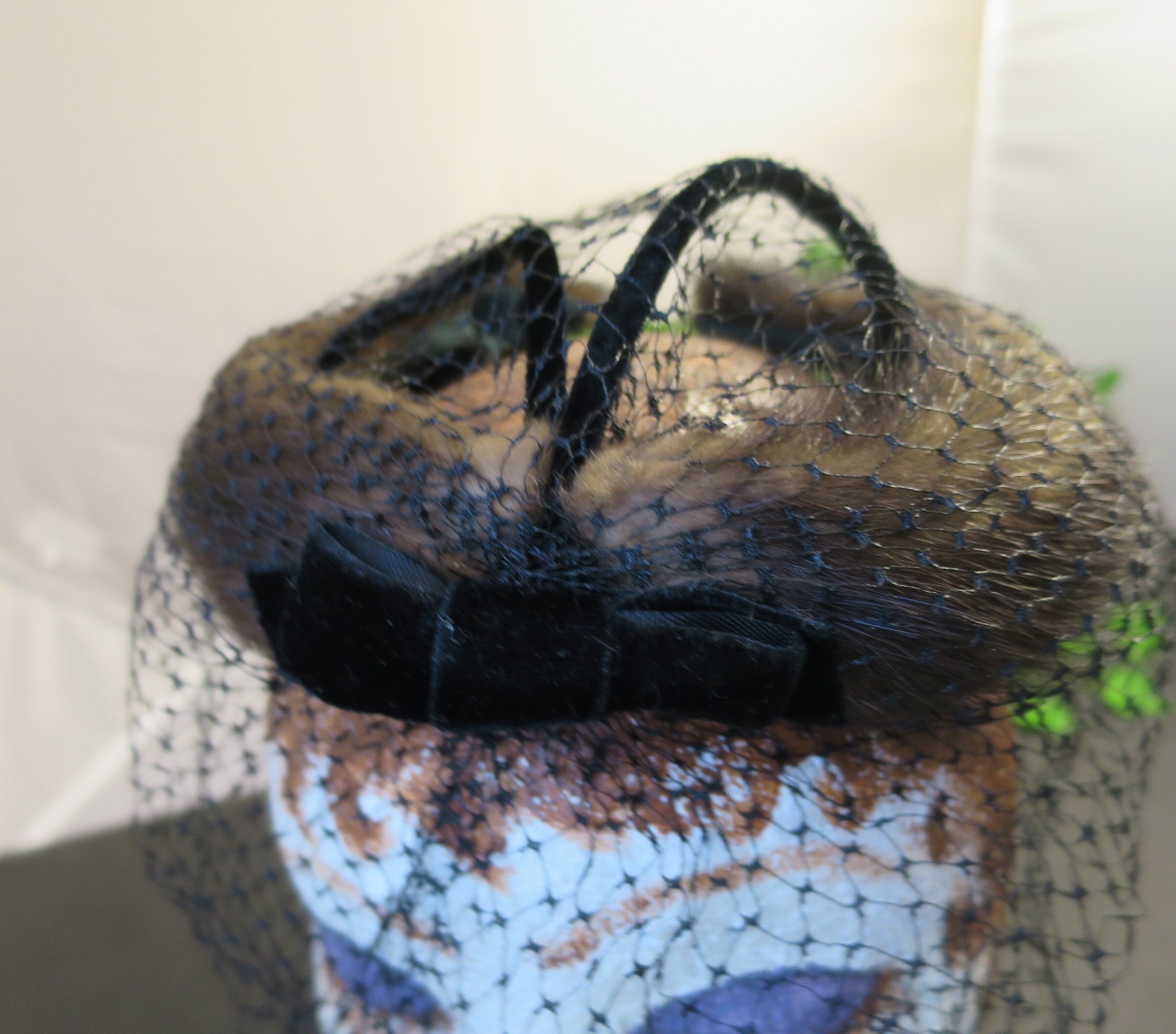 Vintage Mink Birdcage Hat With Black Velvet Ribbon & Veil 