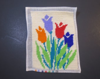 Tulips Needlepoint Completed 5 x 7 inches Red Blue Green Flowers Vintage 1970s Finished