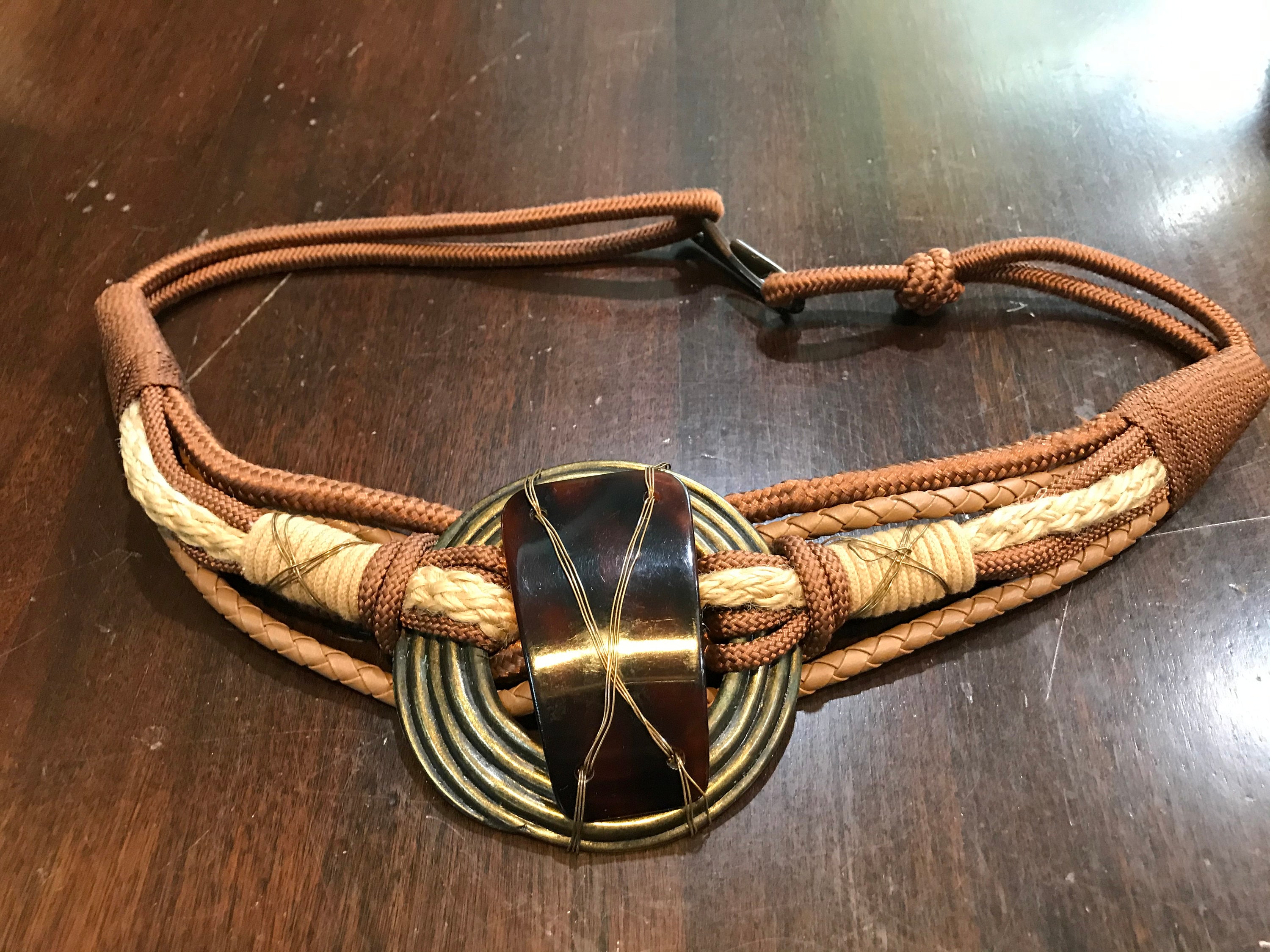 Vintage 1980s Metal Medallion Rope Belt Brutalist 80s Metal Rope Belt, Vintage Whimsical Gold Tone Medallion  main image 2