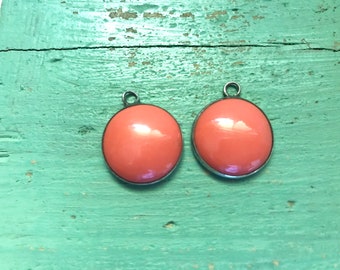 Round Coral Dangle Earring Drops/Jackets/Charms Silver Rings Pair Orange Domed Plastic Resin Earring Dangles 1.8 cm 1960's Fashion Earrings