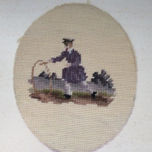 Victorian Boy Needlepoint Canvas Completed Playing w/ Hoop Purple Brown Beige Ground 1960&#39;s Vintage Finished Needlepoint 9 x 7 inch Oval