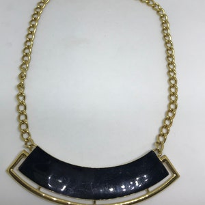 Monet Choker Necklace Black Enamel Curved Bar Panel w/ Openwork Gold Frame Pendant Vintage 1980's Fashion Gold Curb Chain Necklace 18 inches image 4