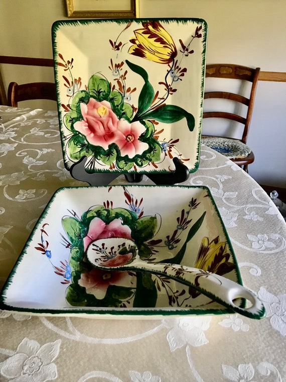 イタリア製陶器ローズ Italy Salad Bowl Set Hand Painted Vintage 1950's Pink Roses Green