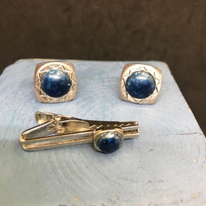 Silver Blue Cuff Links Tie Clip Set 1960&#39;s MidCentury Modern Rounded Square w/ Cobalt Blue Art Glass Cabochons Vintage Mens Suit Access