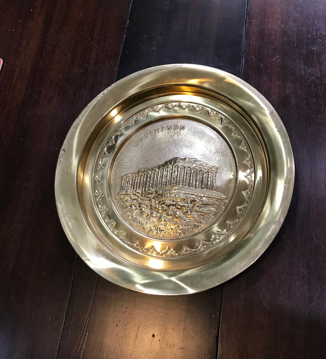 Round Parthenon Round Brass Tray Greek Parthenon Repousse Decorative Border Polished ...