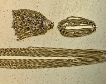 Eloxal Gold Necklace + Bracelet + Tassel Pendant 3 Pc. Set 6 Strand Chain - 33" + 7.5" Extender/Bracelet Vintage 1960s Sarah Coventry