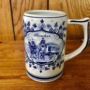 Heineken Delft Beer Stein  Cobalt Blue White Ceramic Made in Holland Windmills, Horse Drawn Beer Cart Vintage Reproduction 5.5 inch