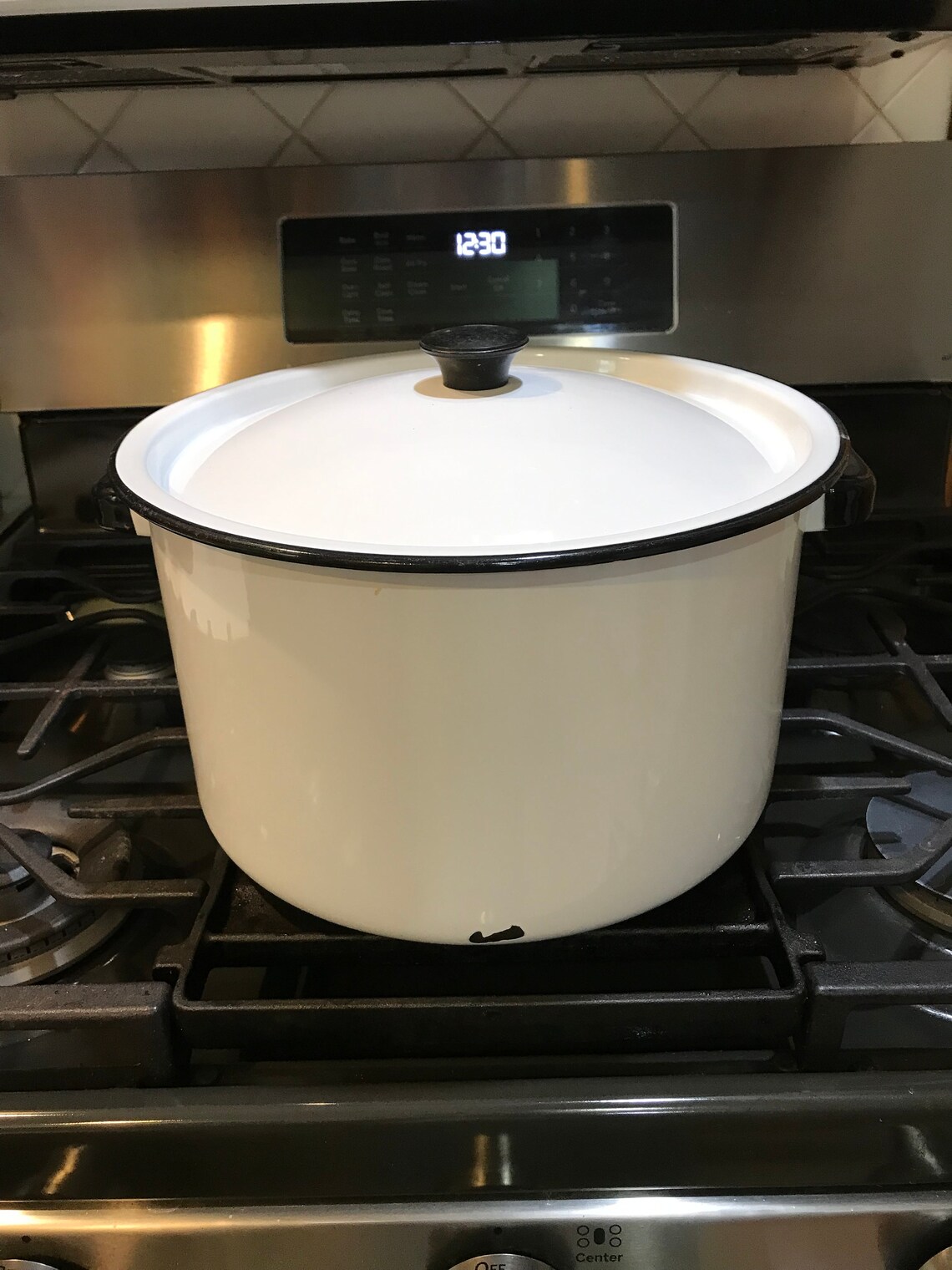 White Enamel Stock Pot W/ Black Trim Matching Lid Large Soup Etsy