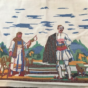 Greek Scene Pillow Top Cross Stitch Finished Canvas Needlework Blue Green Gold 22 x 18 inches - Vintage 1970s