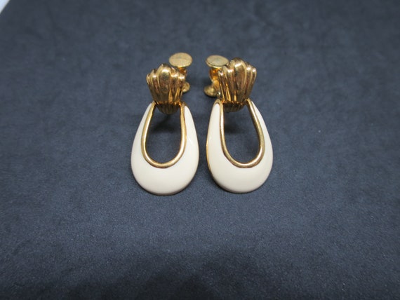 Napier Door Knocker Earrings Gold Cream Oval Hoop… - image 8