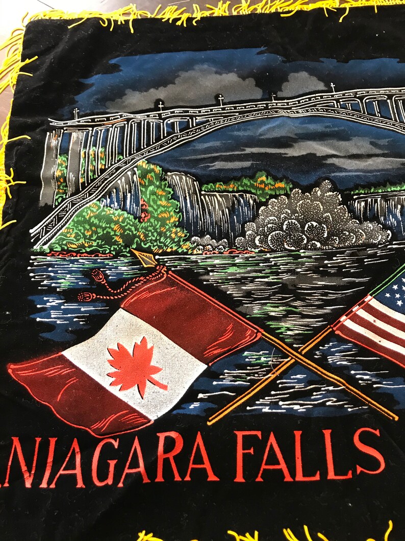 Niagara Falls Souvenir Pillow Case Vintage 1950s Black Flocked Velvet Pillow Pink Back Yellow Fringe Edge 17 inch Sq. No Filler image 3