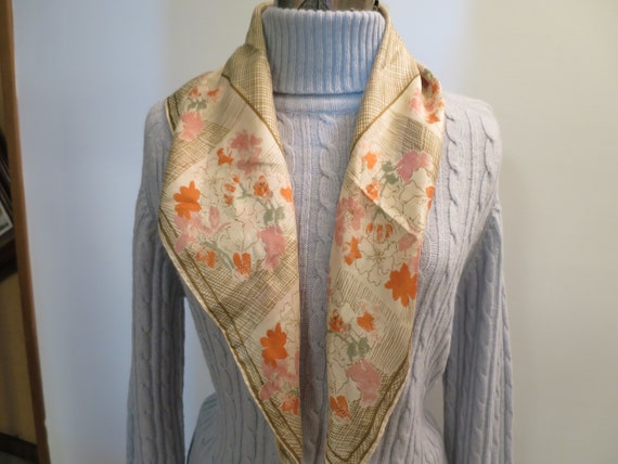 Vera Scarf Khaki Tan Pink Orange on Beige Print o… - image 2