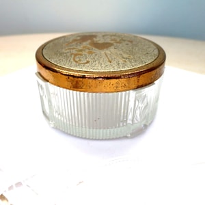 Vanity Powder Jar Clear Ribbed Depression Glass w/ Tulips Cupid Heart Flowers Gold Lid Vintage 1940&#39;s Art Deco Boudoir Trinket Jewelry Box